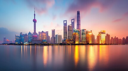 Fototapeta premium Shanghai Skyline at Sunrise: A Breathtaking Panorama