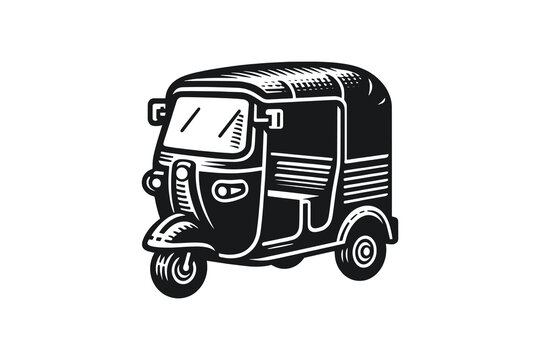 Vintage black engraving icon of an Indian auto-rickshaw logo
