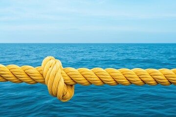 Fototapeta premium Durability of cables. Rope knot against a serene blue ocean background, evoking calmness and stability.