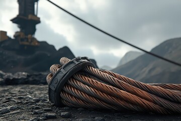 Obraz premium Durability of cables. Rugged landscape featuring a coiled rope with machinery in the background.