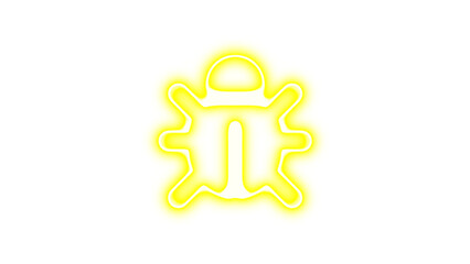 Neon symbol bug icon yellow color glow with transparent background
