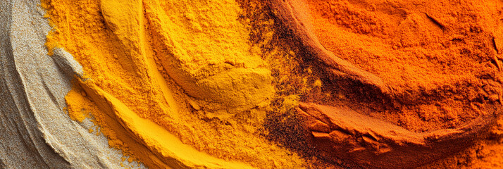 Top-Down View of Vibrant Powdered Spices in Warm Tones