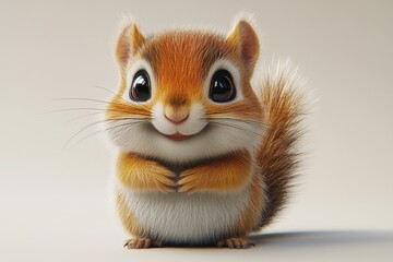 Cute squirrel with large eyes and furry tail standing against a neutral background