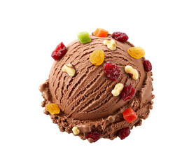 Chocolate ice cream scoop with dried fruits and nuts isolated on white background.
