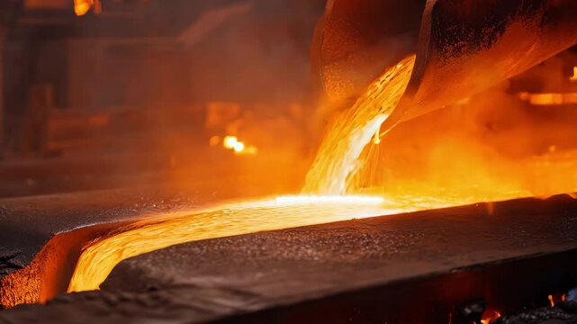 Casting process in a metalworking facility, molten metal pouring into heavy molds at an industrial foundry