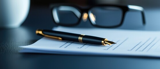 Pen on document with glasses, office setting