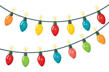 Colorful holiday lights strung along a wire, featuring red, yellow, green, blue, and orange bulbs, perfect for festive decorations.