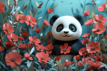 Fototapeta premium Cute panda surrounded by vibrant red flowers in a whimsical garden setting
