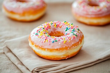 A close-up of a single donut topped with pink icing and vibrant sprinkles sits on a cloth napkin. Two more donuts are faintly visible in the background, showcasing their tempting glaze