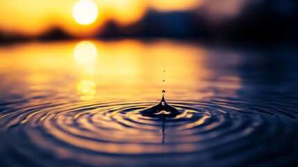 A close-up of a water droplet creating ripples at sunset, with a blurred background of nature