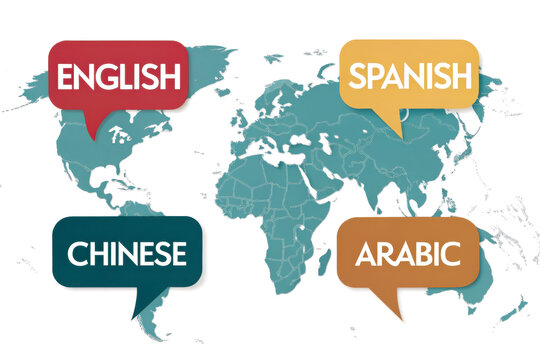 A world map highlighting the languages English, Spanish, Chinese, and Arabic, showcasing global communication and linguistic diversity.