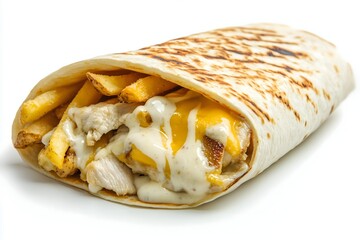 French taco with chicken, french fries, melted cheese and a garlic sauce on a white background