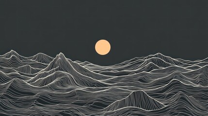 Abstract landscape, textured mountains, pale moon