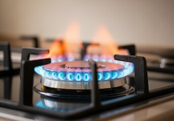 Blue flames burning on a gas stove, symbolizing cooking and energy