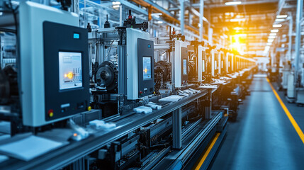 Fototapeta premium A row of automated machines in a modern, high-tech manufacturing facility, highlighting industrial innovation and efficiency