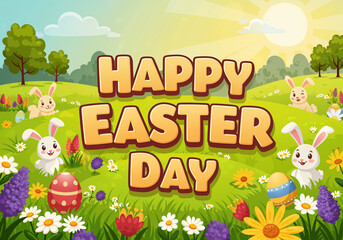 Vector cartoon illustration of Happy Easter Day in a playful, rounded font, set against a backdrop of a sunny spring meadow filled with colorful wildflowers and cheerful cartoon bunnies