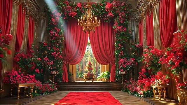 A grand hall adorned with rich red curtains, flowers, and golden chandeliers, opulent interior.