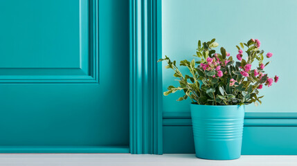 Interior Serenity: Teal Wall with Floral Accent for Home Decor, calm space, inviting floral display on shelf, promotion of peaceful home setting.