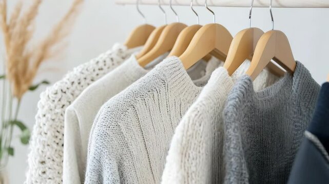 Cozy knitwear is displayed on wooden hangers, surrounded by elegant plant decor in a boutique that emphasizes a minimalist aesthetic