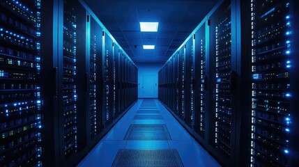 Fototapeta premium A secure data center with glowing blue server racks in a high-tech facility. Ideal for cloud computing, cybersecurity, IT infrastructure, networking, and digital security
