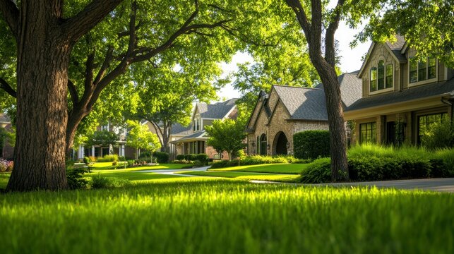 A beautiful home in the city of Dallas, Texas, with lush green grass and large trees in the front yard. The house has three stories and is located on an upscale street with other high-end homes nearby