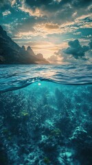 Fototapeta premium A beautiful ocean landscape showing above and underwater views