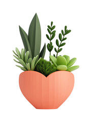 Heart-shaped pot with succulent and greenery PNG on Transparent Background