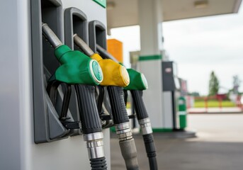Fuel dispensers with green and yellow nozzles at a gas station