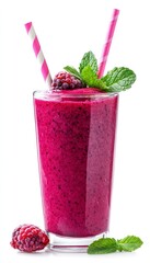 Refreshing Blackberry Smoothie in Glass with Striped Straws and Mint