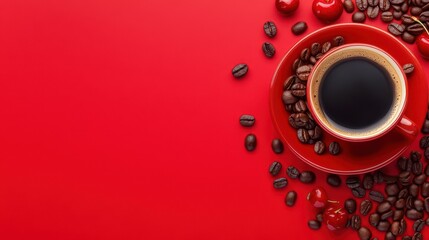 Rich Brew and Berries: A vibrant composition featuring a rich, dark coffee in a red cup, nestled on a matching saucer and surrounded by roasted coffee beans and cherries.