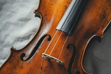 Close-up of Antique Cello with F-holes and Strings on Grey Cloth