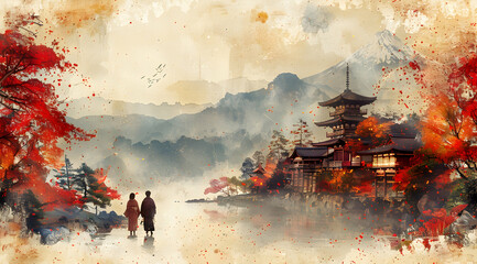 Autumn Japanese Landscape With Pagoda And Couple