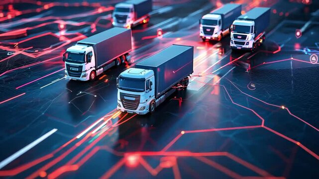 Trucks travel through a digitalized road network illuminated by vibrant lights during nighttime