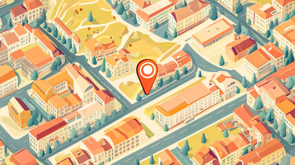 Isometric Vector Illustration of a City Map with GPS Pin, Navigation, and Directions – Urban Infrastructure, Travel, Tourism, and Adventure Guide for Tourists on a Beige Background
