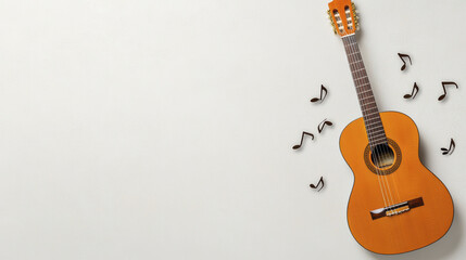 beautiful acoustic guitar rests against light background, surrounded by musical notes, evoking sense of creativity and harmony