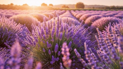 Naklejka premium A peacefully vibrant lavender field, basking in the warm glow of sunset, its blossoms swaying gently in the evening breeze.