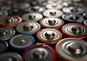 Close-up of various batteries stacked together, showcasing their metallic surfaces