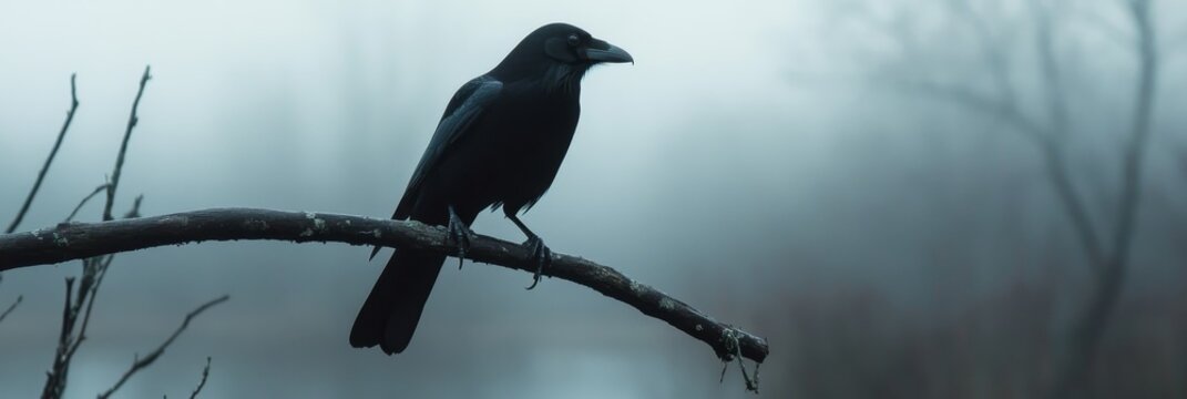 Black Crow on Foggy Branch - A solitary black crow perched on a branch, shrouded in a misty atmosphere. Symbolizing mystery, solitude, observation, wisdom, and foreboding