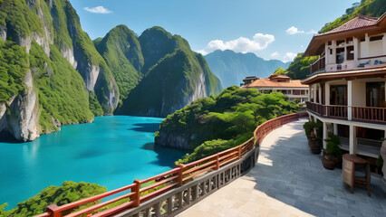 Naklejka premium Luxurious hotel overlooking scenic turquoise lake and majestic mountains in Yunnan, China