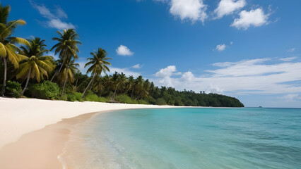 Fototapeta premium Tropical beach with palm trees and turquoise water meeting white sand under blue sky