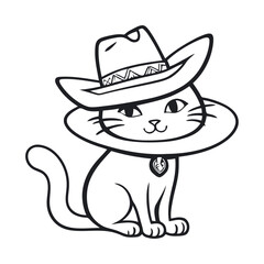 A black and white vector illustration of a lady cat wearing a cowboy hat, striking a confident pose on a white background