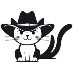 A black and white vector illustration of a boy cat wearing a cowboy hat, seated comfortably on a white background,