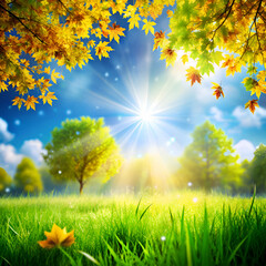 Obraz premium Autumn Landscape. Sunny Meadow with Fall Foliage and Golden Sunlight