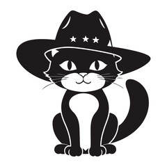 A simple black and white vector silhouette of a cat sitting calmly with a cowboy hat
