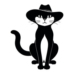 A black and white vector silhouette of a sassy lady cat wearing a cowboy hat, 