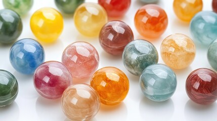 Multicolored, glossy, round decorative spheres arranged on a white surface.