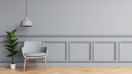 Modern Grey Interior with Chair, Plant, and Pendant Light Fixture