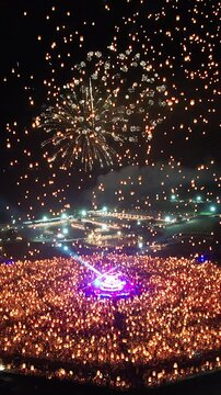 4K, Floating lantern YeePeng Firework Festival or Yi Peng Lantern in Chiangmai, Chiang Mai festival and Loy Kratong Festival in Thailand