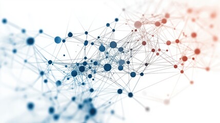 Graphical network using deep data on a white background. Light blue balls connected by dashes. Abstract background.