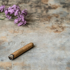 Single Cigar with Flowers on Rustic Background